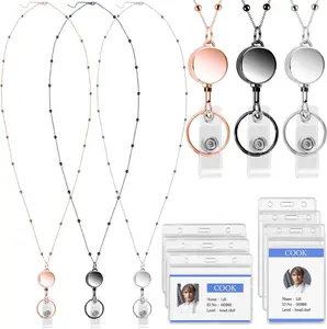 3 count Lanyard Necklace for Id Badges, Beaded Badge Lanyards with  Id Card Holders, Stainless Steel Badge Chain with Retractable Badges Reel Clips for Adults, Nurse, Teacher
