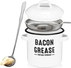Charming Farmhouse Bacon Grease Storage Canister - 46 oz Dishwasher Safe with Strainer and Spoon for Effortless Cooking Containers Kitchen