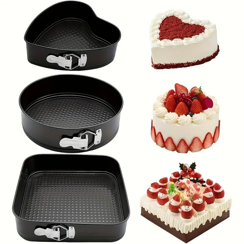 3-Piece Non-Stick Springform Cake Mold Set Heart Round Square Shapes Removable Bottom Ideal for Cheesecakes Cakes Desserts Baking Supplies Baking Molds Baking Pan