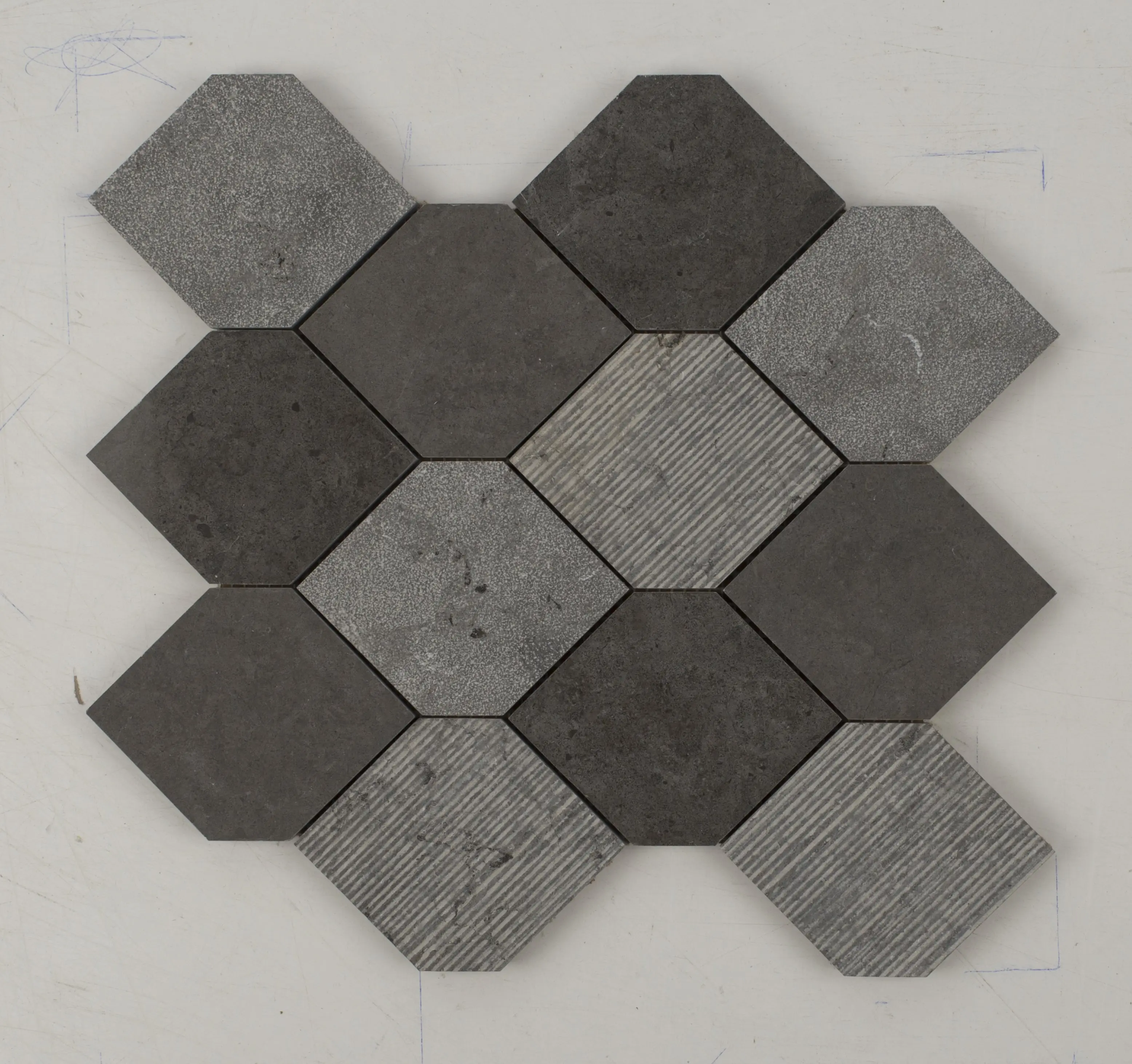 Contemporary Milly Grey Stretch Hexagon Limestone Mosaic Tile, Hexagon Shape, Mixed Surface, Sheet Pack, Flooring