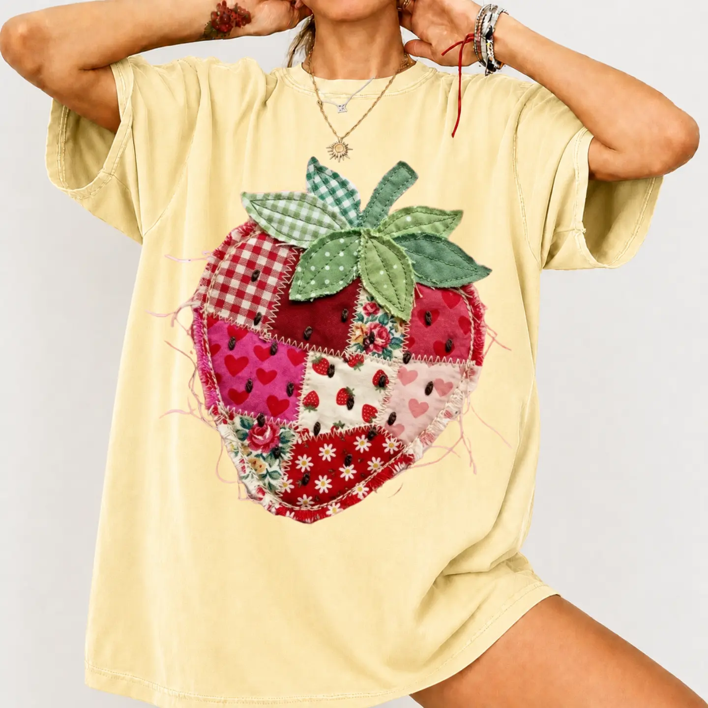 Comfort Colors Strawberry Faux Patchwork Berry Coquette Tshirt, Strawberry Festival TShirt, Cute Strawberry TShirt, Summer Strawberry