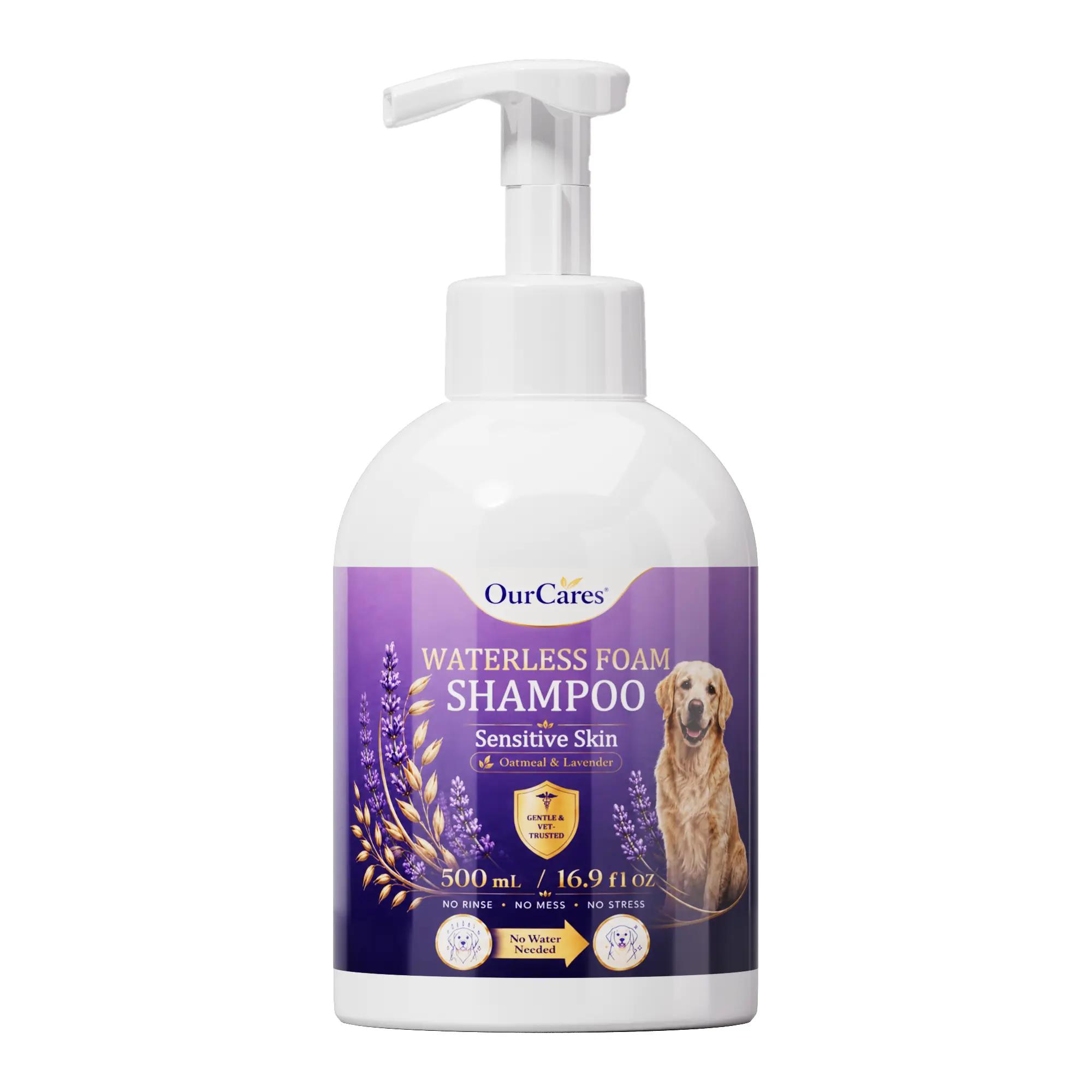 OURCARES Waterless Foam Shampoo for Dogs - 16.9 fl oz (500mL) No Rinse Pet Cleanser with Oatmeal & Lavender, Deodorizing, Moisturizing & Sensitive Skin Care, Value Size for All Breeds