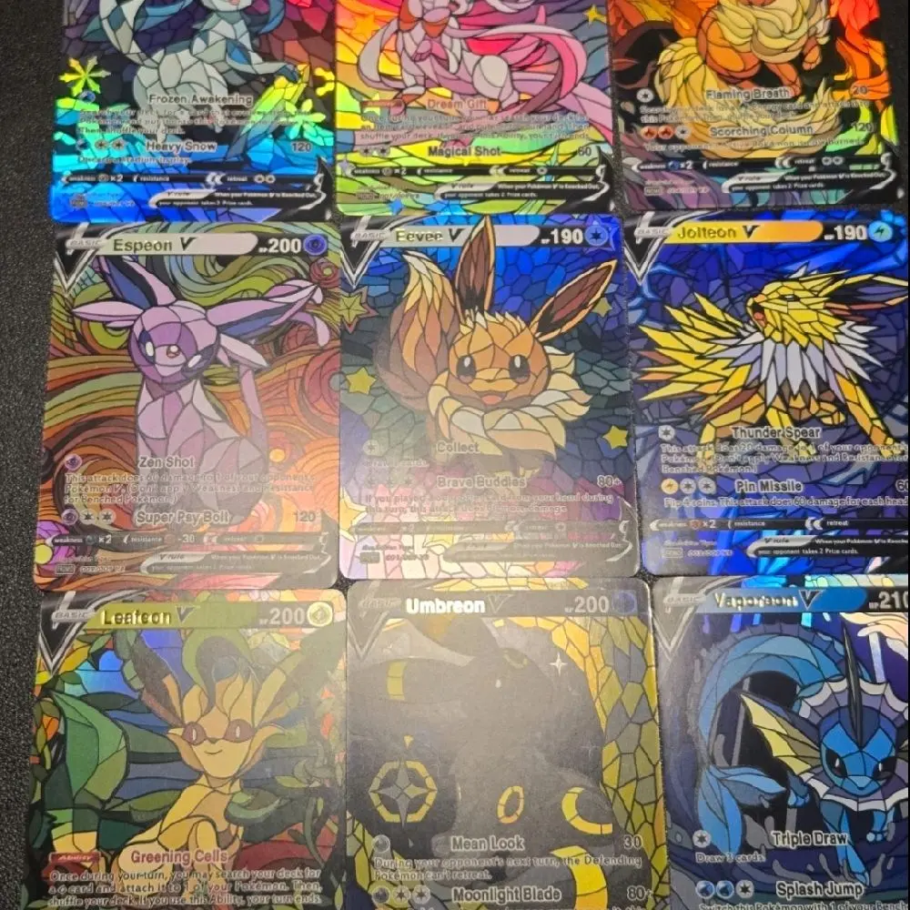 10-Piece Holo Eeveelutions Custom Fan Art Non-Sports Trading Cards, Stained Glass Set - Not Textured, Vaporeon, Espeon, Glaceon, Awesome Display Pieces for Collectors, Custom-Made Fan Art
