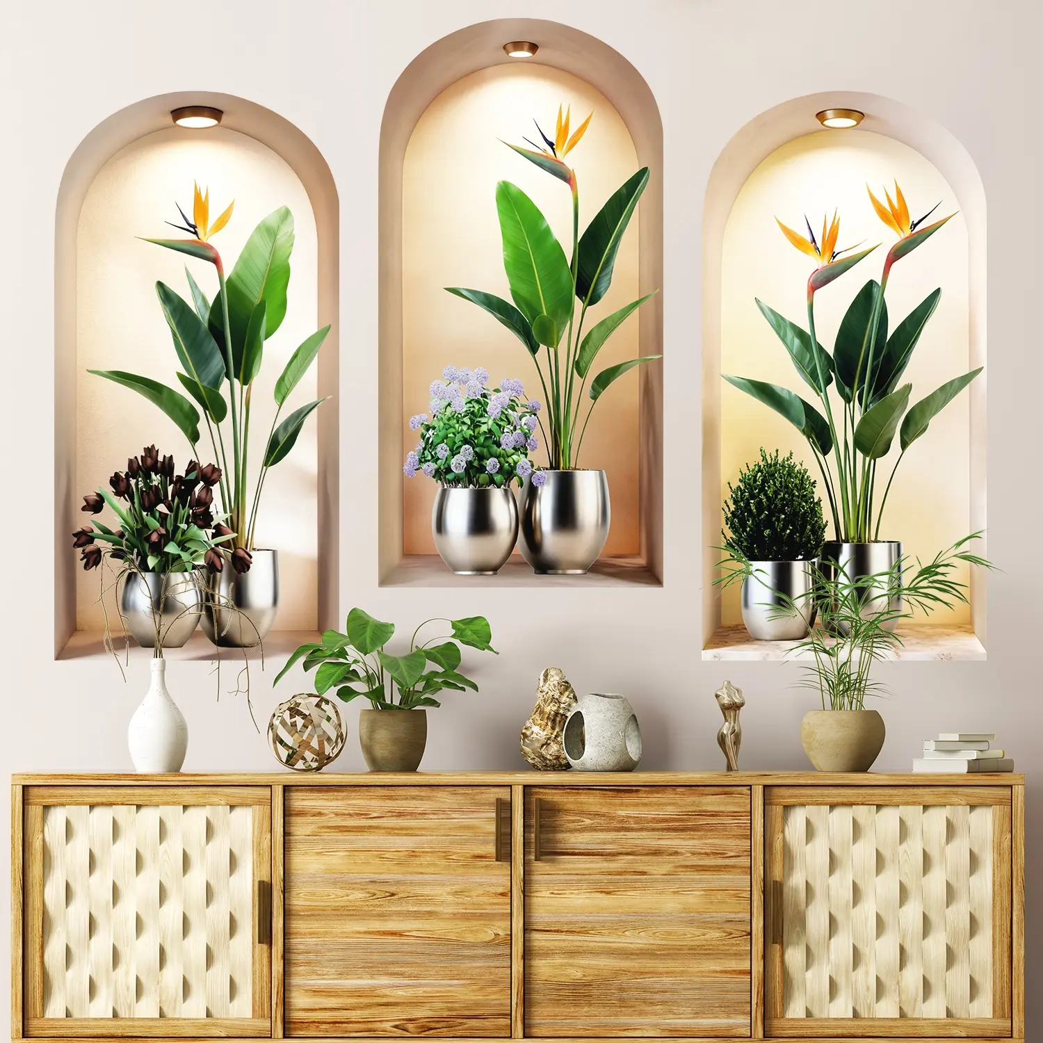 3-piece set, Nordic green plant themed simulated arched window flower basin wall sticker, self-adhesive removable decorative sticker, suitable for wall decoration in living rooms, dining rooms, and study rooms, Home Decor