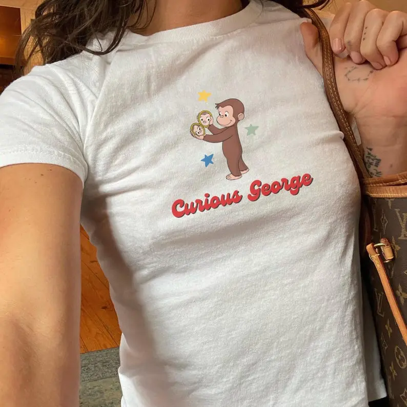 Graphic Monkey Shirt Baby Tee - cute graphic top, curious george, trendy babytee, y2k babytee kids nostalgic cartoon, 90s style cartoon tee