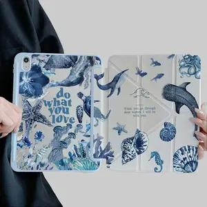 Double-Sided Ocean Pattern Tri-Fold & Y-Fold iPad Case, Built-in Pencil Holder, Auto Sleep/Wake, Adjustable Stand, Compatible with iPad 10th/11th Gen, A16, 10.2",iPad  Pro 11" (2020/2021/10th),iPad Air 11", 2025 & Samsung Tab S9 FE+ 12.4"series,