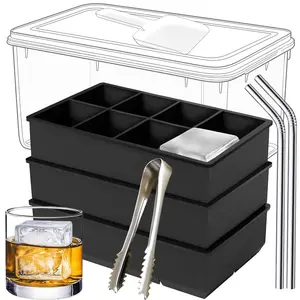 3-Pack Large Stackable Silicone Ice Cube Trays with Bin Scoop Tongs & 2 SS Straws Jumbo Ice Maker for Whiskey Cocktails Coffee BPA-Free Easy Release