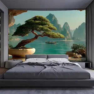1pc Scenic Bonsai View Tapestry - Durable Polyester Wall Hanging with Serene Landscape Design, Perfect for Weddings, Birthdays, Graduations, and Photo Backdrops, Multiple Sizes Available, Event Backdrop |       Tranquil Room Decor |       Polyester Tapest