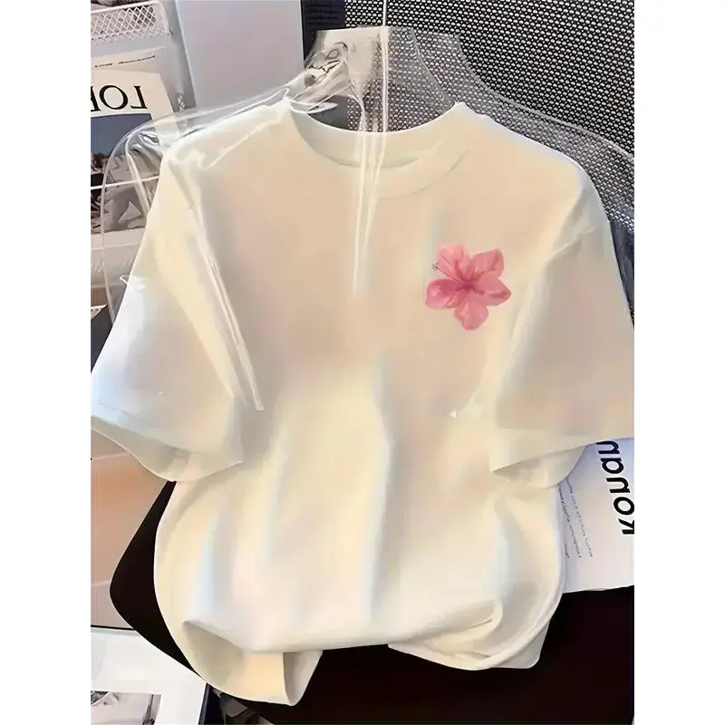 Women's 100% Cotton Short-Sleeve Round Neck Graphic T-Shirt - Pink Flower Print Streetwear Cute Top, Casual Sports Outerwear Clothes