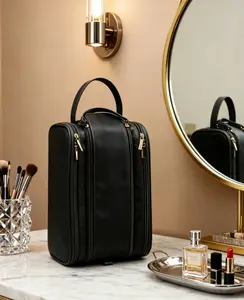 Waterproof PU Leather Multifunctional Makeup Bag, Double-Layer Large-Capacity Portable Travel Cosmetic Bag with Handle, Divided Storage for Women & Men's Business Toiletry Bag, Travel & Back to School Essential, Summer Bag, Bridesmaid Gift