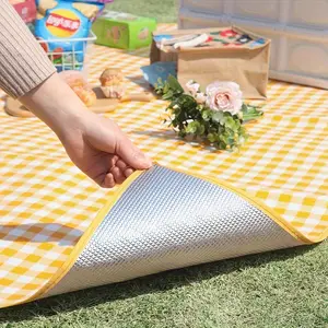Outdoor Picnic Blanket - Thickened Premium All-Season Camping and Beach Mat, Three-Layer Composite EPE Fabric, Yellow and White Checked Border, Waffle Weave Design, Foldable for Easy Storage