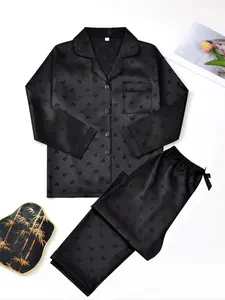 Women's Heart Jacquard Pajama Set, Long Sleeve Button Front Top & Pants, Fitted, Soft Polyester Fabric, Comfortable Home Wear Nightwear tiktokshopbacktoschool  halloween  loungewear pajamaset Pjs
