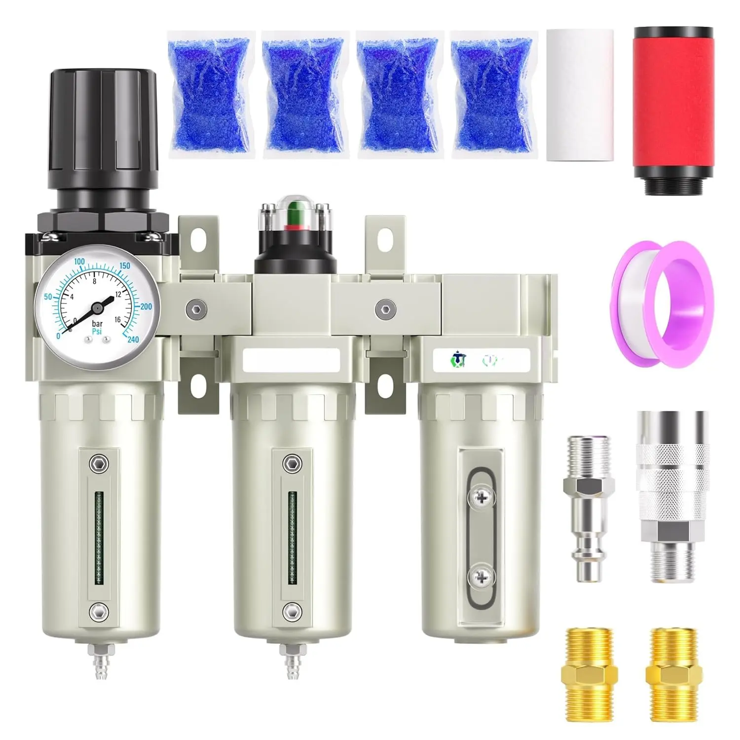 0-240PSI 3/4 Inch NPT Industrial Grade Three Stage Air Drying System, Particulate Filter,Desiccant Dryer and Air Regulator,Coalescing Filter (Manual Drainage)
