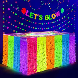 2 Pack Neon Tinsel Foil Fringe Table Skirts 108 x 29.5 Inch Glow in The Dark Party Table Decoration UV Reactive Fluorescent Wavy Tables Skirt for Glow Birthday Wedding Supplies Neon Party Decor