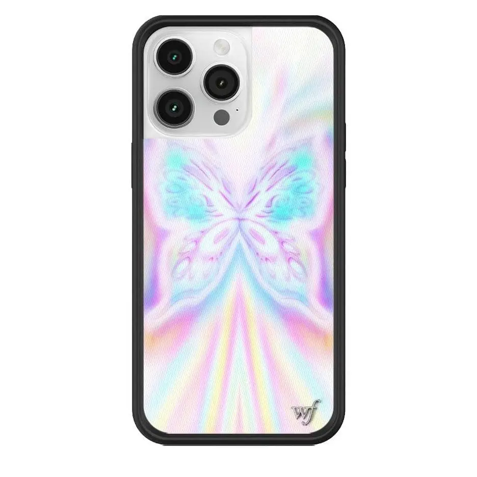 Manifest | Limited Edition iPhone Case | Raised Protective Black Bumper | Women Owned Small Business | Shiny Vibrant Bubbly Butterfly Bright Blue and Rainbow Ombre | Safety Casing Protective | Cellphone Cute Aesthetic