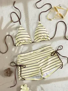 Trendy Striped Halter Neck Triangle Bikini Set with Boyshort Bottoms – Fashion Two-Piece Swimwear Bathing Suit for Women, Perfect for Summer Beach, Pool Parties & Tropical Vacations