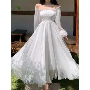 Elegant Maxi Dresses For Women White Off Shoulder Puff Long Sleeve Elastic High Waist Party Gown Ruffle Holiday Dress