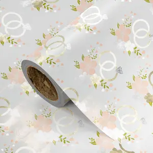 Gold Ring Gift Wrap Paper Roll, Metal Gold Wedding Rings Floral Gift Wrapping, 43.2cm X 300cm, Ideal for Engagement, Wedding, DIY Decor