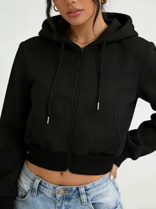 A solid-colored women's Fitted cropped zip-up hoodie with a Basic, casual, trendy style, suitable for easygoing young casual occasions such as daily outings, coffee shop visits, and trendy brand-style dates Sweatshirts Womenswear