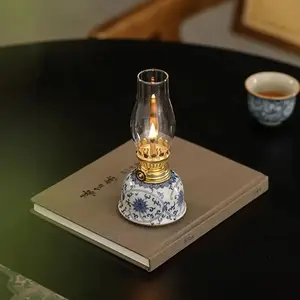 Vintage Metal Finish Blue and Porcelain Oil Lamp, Ceramic Candle Holder for Altar, Decorative Tabletop Light, Distinctive Craftsmanship, No Power Required, Indoor Outdoor Decorative