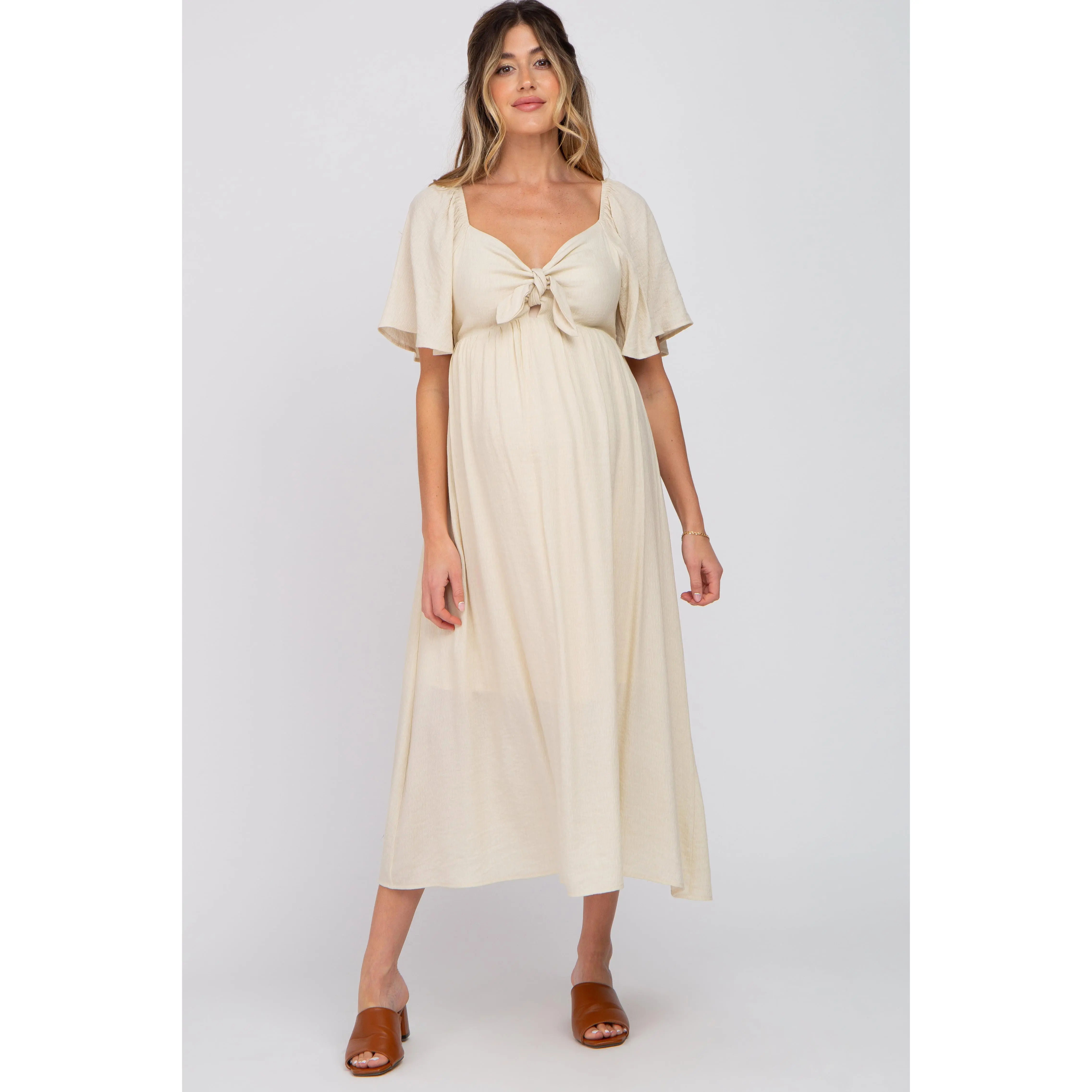Beige Front Tie Ruffle Sleeve Maternity Midi Dress, Maternity Dresses, Bump Friendly Dresses