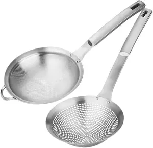 Pack of 2 Fine Mesh Stainless Steel Metal With HoleSieve Food Strainer Grease Spider Skimmer And With Handle Large Holes Slotted Colander Frying Spoon Set,Handheld For Kitchen Cooking And Filter Food Residues