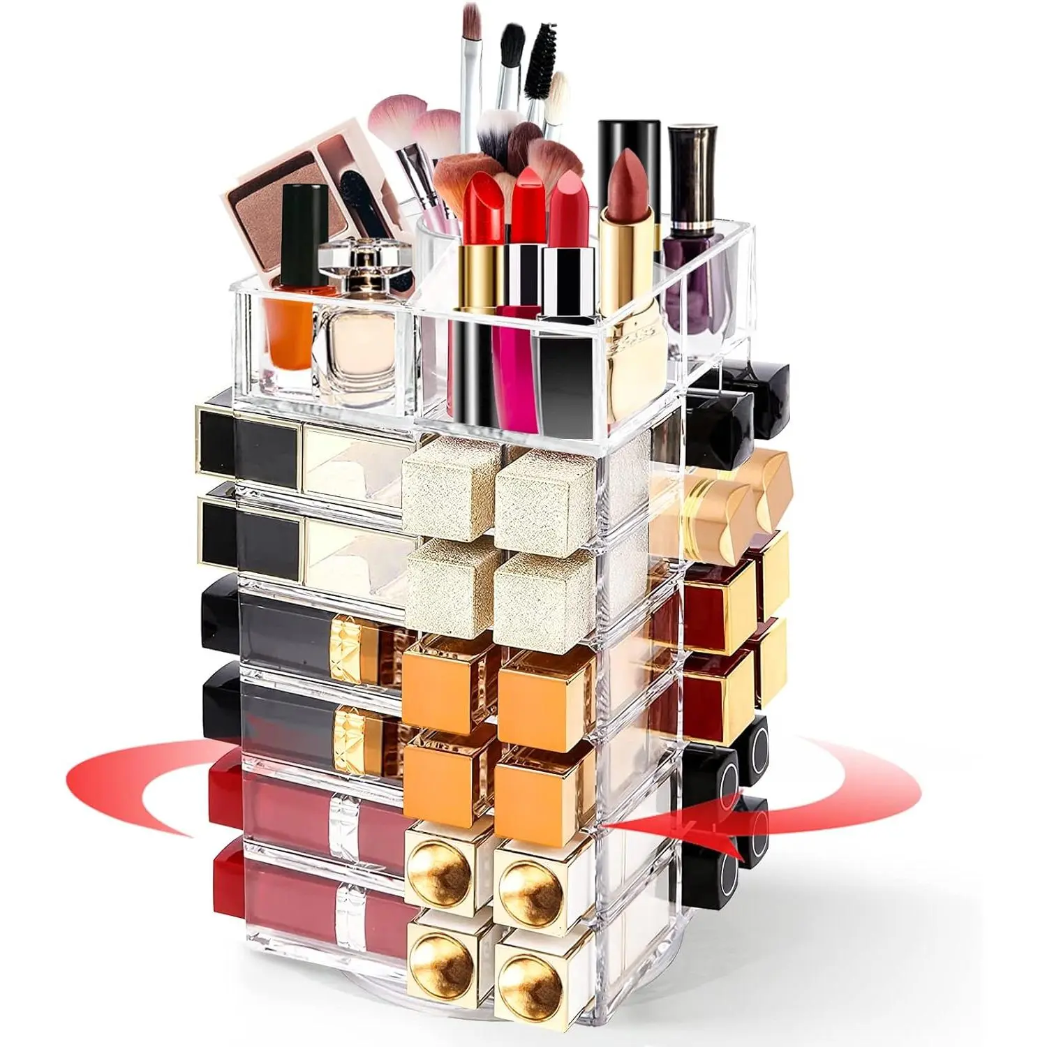 Transparent Acrylic 360-Degree Rotating Lipstick Organizer with 53 Compartments - Minimalist Home Supplies for Beauty Products, Room Decoration, Halloween Gift Cosmetic Lipgloss Storage Display Stand