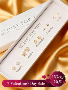 10-Piece Hollow Rose Star Heart Zircon Butterfly Earrings Set, Versatile Earrings, Copper Material, Vintage Elegant Style, Gift Box Included