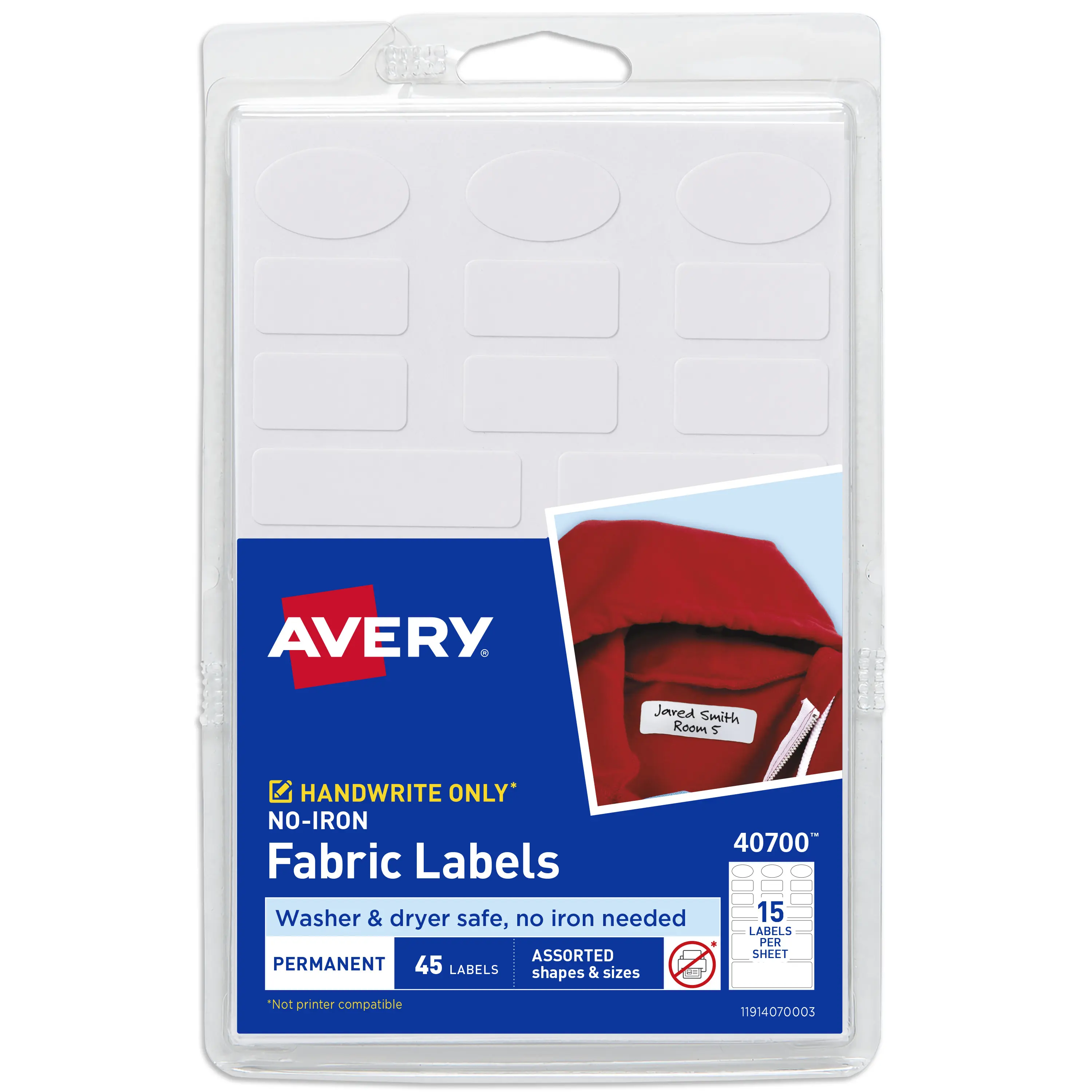 Avery No-Iron Fabric Labels, Assorted Shapes and Sizes, Washer and Dryer-Safe Waterproof Labels, Non-Printable, 45 Blank Labels Total (40700)