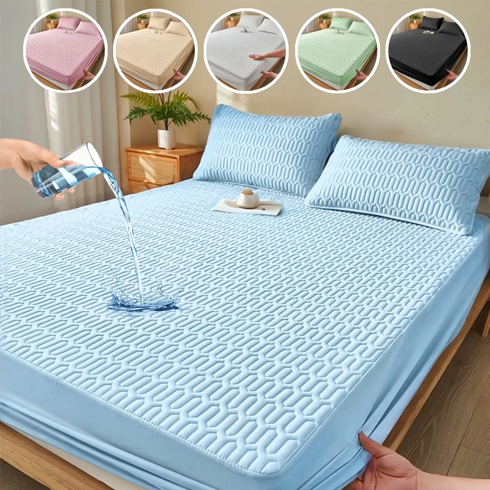 Single-Piece Waterproof Mattress Protector - Full Coverage Non-Slip Mattress Cover, 11.8-inch Thickened Fitted Cover for Twin/Full/Queen/King Beds, Available In Black/White/Grey/Blue/Pink, And Other Solid Colors(Excluding Pillowcase)