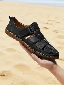 Men's Closed Toe Sandals,Cowhide Leather Whipstitch Fisherman Sandals,Soft Cushioned Lightweight Non-Slip Wide Width Breathable Slip-On Gladiator Sandals,Retro Summer Casual Beach Travel Hiking Athletic Outdoor Adventure Hiking Trail Sandals for Big Size