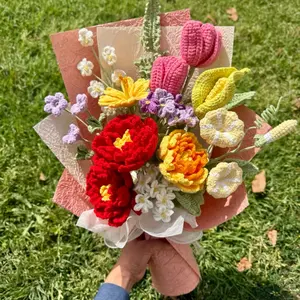 Crochet red and orange peonies bouquet