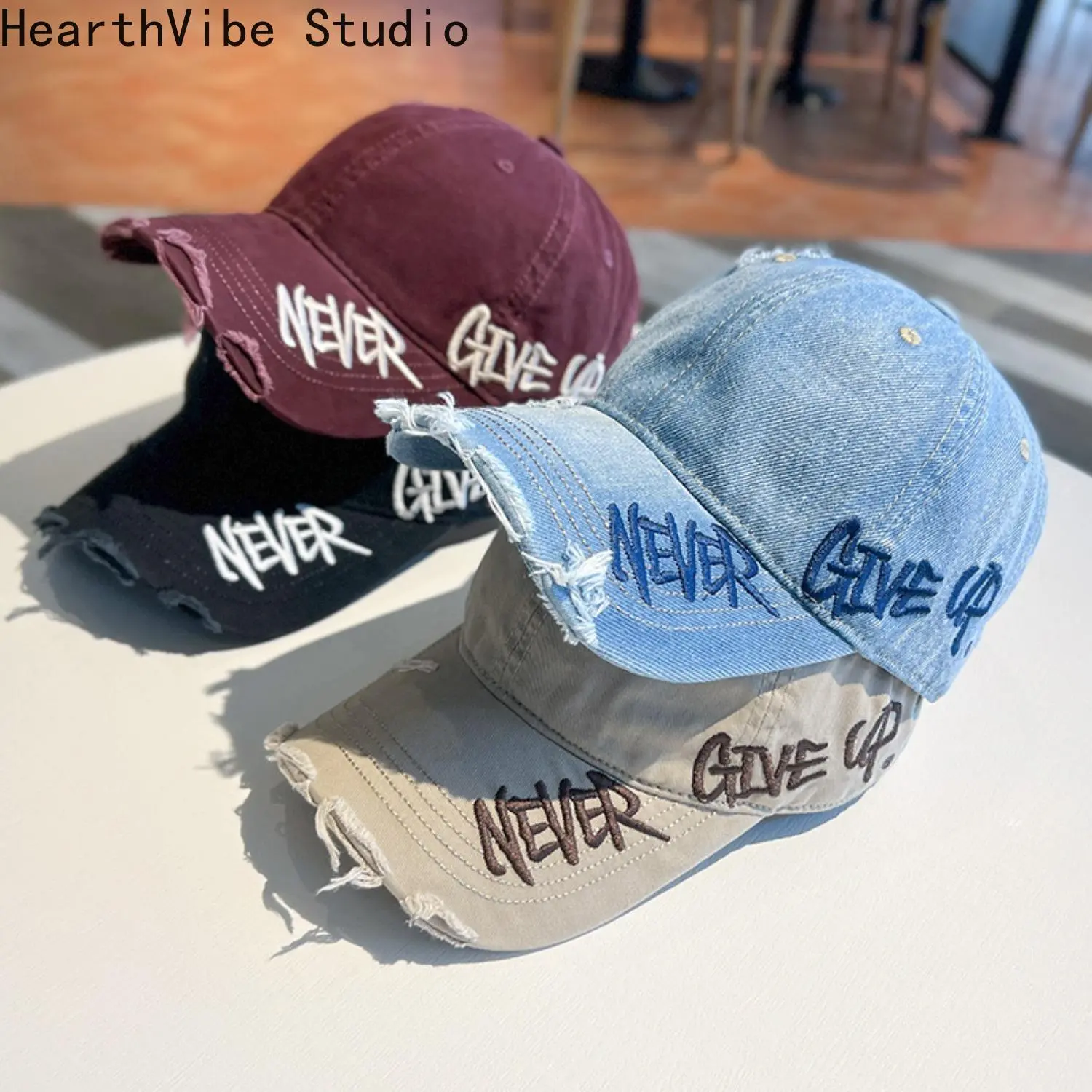 Retro Washed Blue Peaked Cap - Distressed Ripped Brim, Side Embroidery, Adjustable Unisex Casual Hat, 1 Size Outdoor Wear with UV Prevention Sun Protection, One Size
