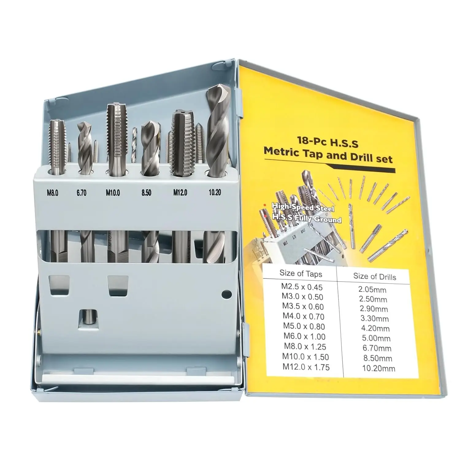 18 count Tap and Drill Set - 4341 High Speed Steel Metric Drill and Tap Set,Titanium Coated, Tap Range M2.5 * 0.45--M12*1.75, Metal Storage Case