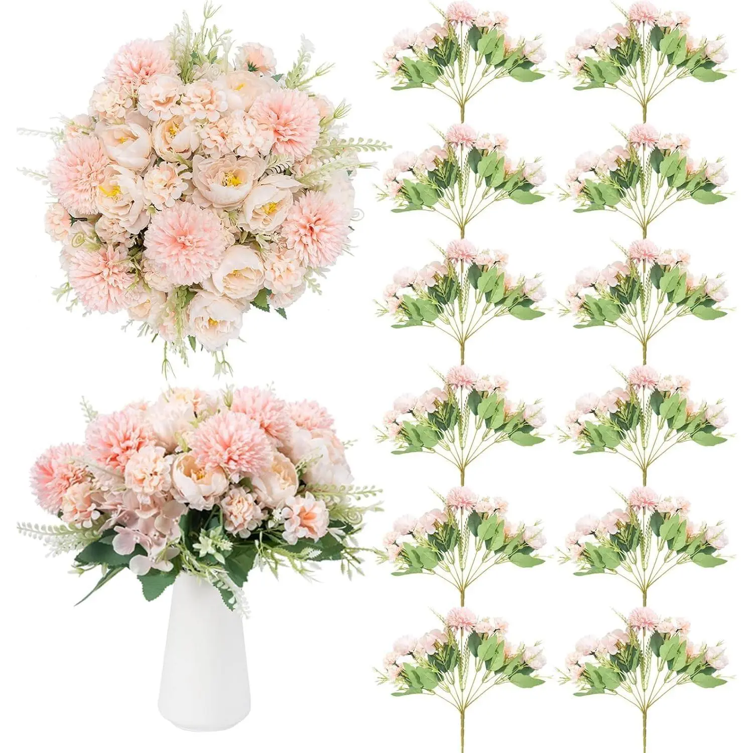 12 Bundles Peonies Artificial Flowers Pink Fake Peony Flower Rose Silk Faux Peonies for Outdoor, Fake Plants for Wedding Party Bouquet Home Indoor Garden Porch Patio Decor