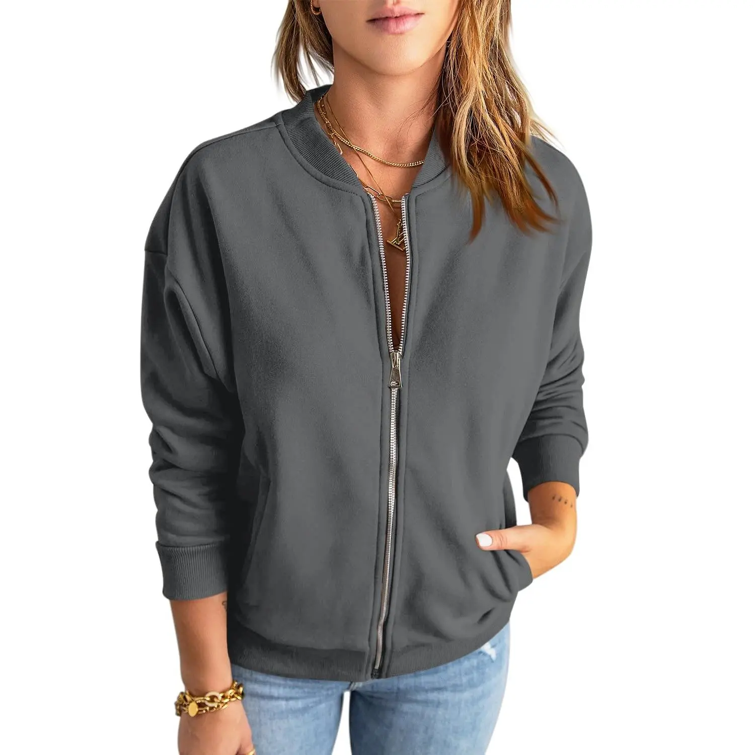 Fisoew Womens Full Zip-Up Sweatshirt Jacket Long Sleeves Casual Loose Fit Crew Neck Pockets Basic Tops Women‘s Clothes Outerwear Womenswear,summerwins,summeroutfits,vacationoutfits,beachoutfits #Summerwins #DealsForYouDays