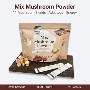 Health King Mix Mushroom Powder, alternativa al café, mezcla adaptógena 11 en 1 (Melena de león, Cordyceps, Reishi), 100% natural, sin cafeína, favorece la concentración, la energía y la inmunidad, paquetes portátiles, 28 sobres individuales.