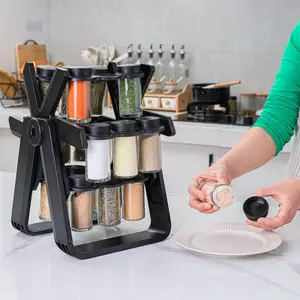 18 Pieces Rotatable Ferris Wheel Design Glass Seasoning Jars, Kitchen Countertop Spice Bottle Storage Holder, Organizer Set, Seasoning Containers, Spices Organizer