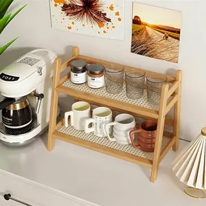 Wicker-Look Tea and Coffee Bar Station Organizer, Bamboo Mug Holder Countertop, Matcha Stand, Cup Display Shelf, Condiment Storage Rack for Kitchen Counter, 2 Tier Display Riser