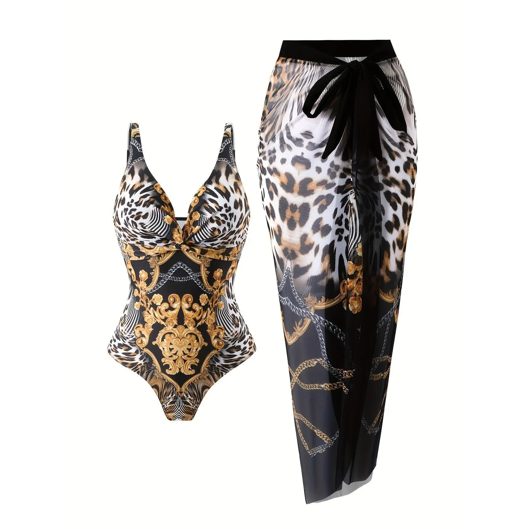 New European And American Printed One-piece Swimsuit with Lace Up Mesh Long Skirt, Conservative Vacation Two-piece Swimsuit Set