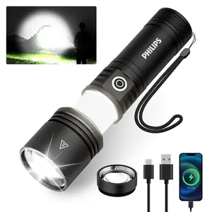 Philips Rechargeable LED Flashlight with Ignition Lens, High Lumens Flashlight, Five Modes, Outdoor Camping Emergency Flashlight - Black