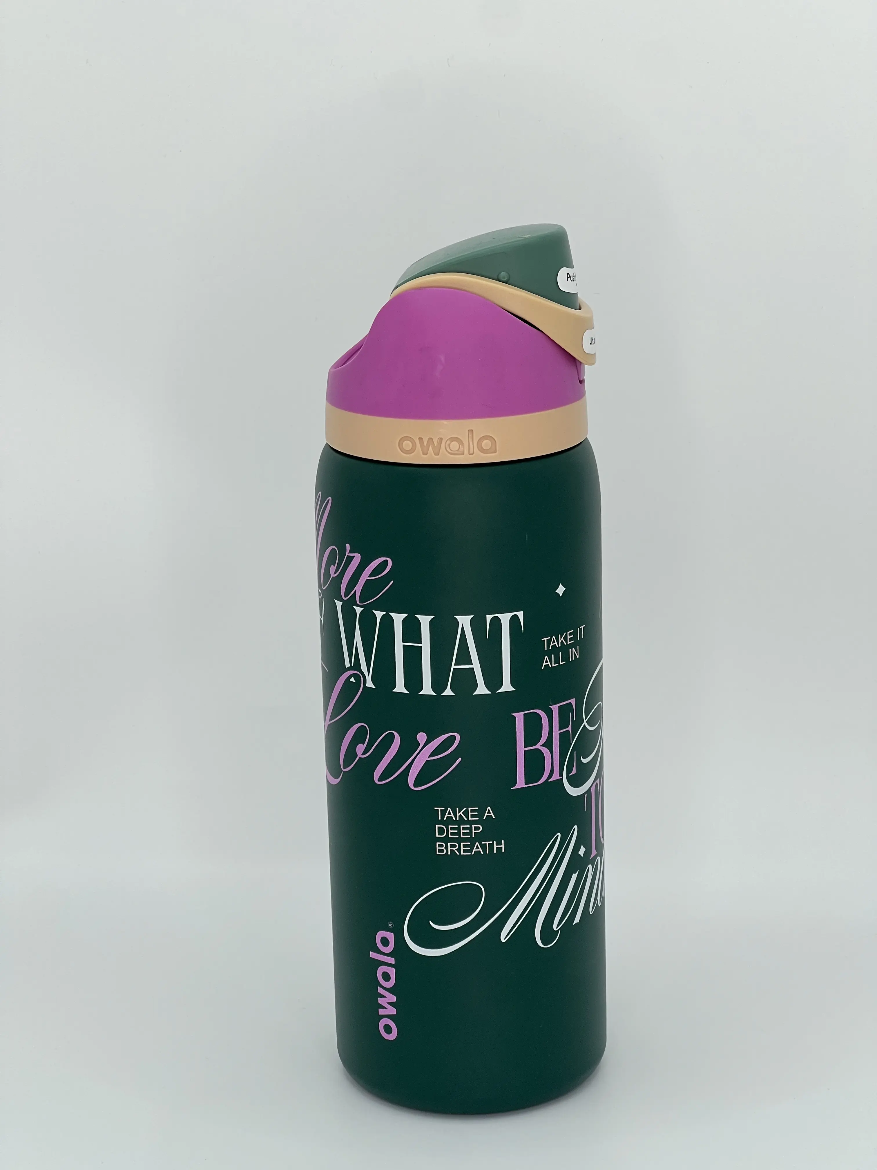 Owala 32oz water bottle with dark green heart print. BPA-free and portable. Perfect for sports, workouts, trips, hiking and daily office use.