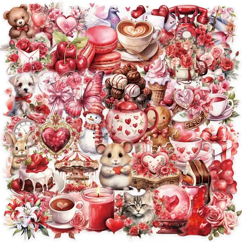 Valentine's Day Themed Sticker, 50pcs/set Waterproof Self Adhesive Decor Paper, Decor Sticker Phone Decoration for Gift Greeting Card Water Bottle Laptop Phone