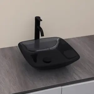 Lordear 16" Glass Bathroom Vessel Sink Vanity Countertop Square Bowl with Black Pop up Drain Set and Vanity Top,Glass Art Basin,Gray