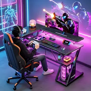 40 Inch L Shaped Gaming Table with Power Station and LED Lighting, Space Saving Corner Computer Desk featuring 3 Tier Storage Shelves and Monitor Stand, Carbon Fiber Black Design Perfect for Compact Home Gaming Setup