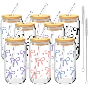 4/8 Pack Bow&Heart Pattern Glass Cups with Lids and Straws, 16oz Reusable Iced Coffee Cups, Glass Tumblers, Glass Water Bottles