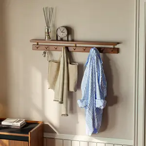 Wayshome Walnut Wall Hooks with Shelf, Coat Rack Wall Mount, Entryway Hanging Shelf with 9 Brass Hooks for Hats, Clothes, Towels, Bags, Black Walnut Wood