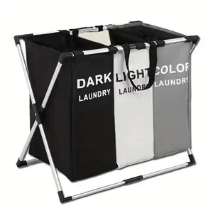 3-Section Laundry Sorter - Foldable Hamper with Waterproof Oxford Bags & Aluminum Frame - Dark/Light Color Printed Design - Space Saving for Home, Dorm, Apartment