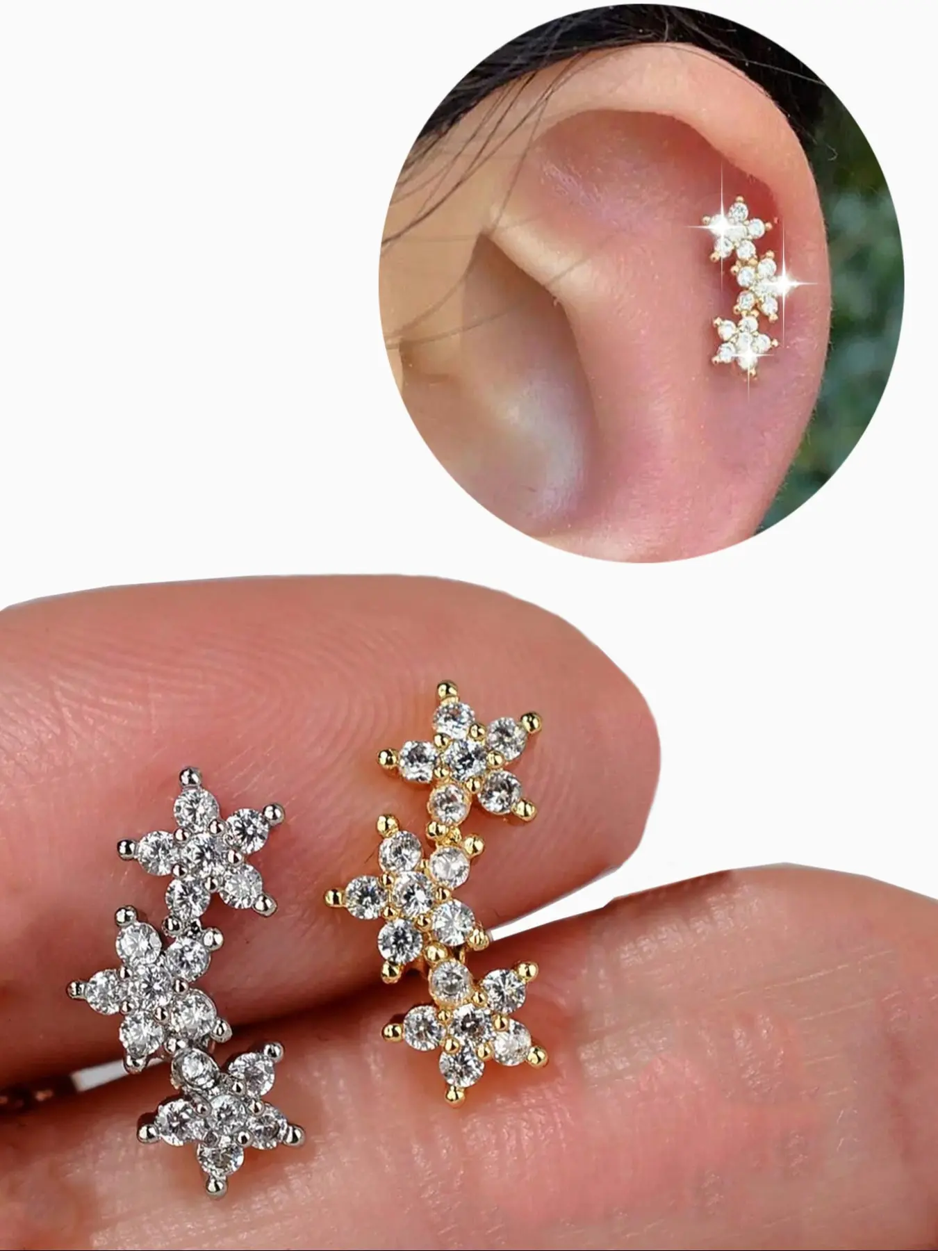 Stainless Steel Cz Stud Earrings, Flower & Star Design, Cartilage Conch Helix Ear Piercing Jewelry, 12g Fashion Accessory for Women, Ear Studs, Stud Embellished, Fashionable Jewelry Accessories