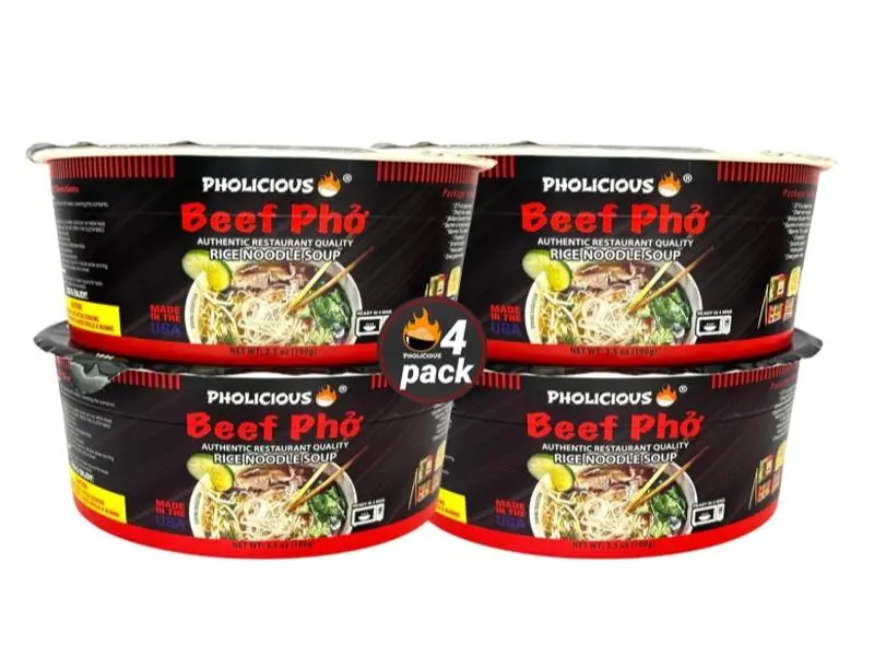 PhoLicious Instant Beef Pho Noodle Soup Kit – Authentic Vietnamese Rice Noodles with Broth & Spice Mix, Quick Microwave Meal, Ramen Alternative, Beef Flavor, 4-Pack